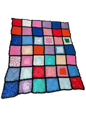Handmade Crochet Granny Square Blanket 60x72 Multicolor Black Border Couch Cozy
